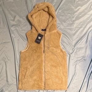 Tan Lomon Hooded Fuzzy Fleece Vest